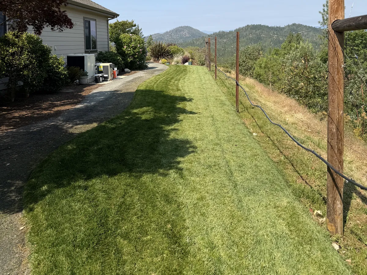 Strip of freshly cut lawn beside a gravel driveway on a hillside property with Southern Oregon ridgelines in the background