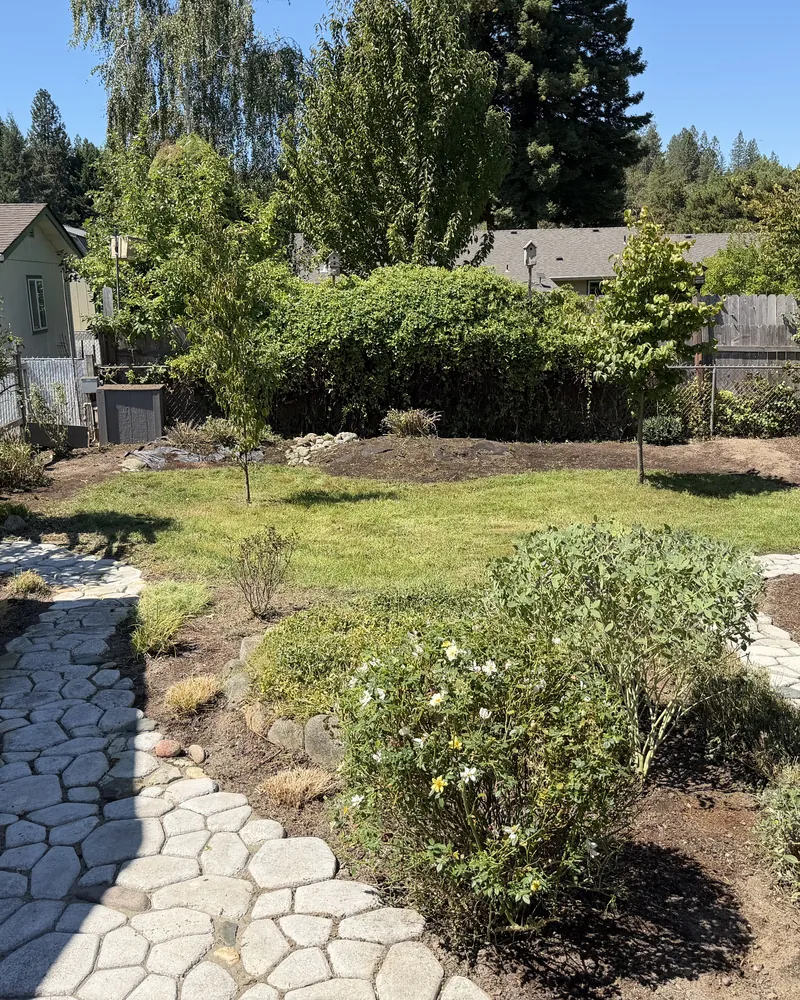 Backyard with fresh dark mulch in the planting beds, paver stone pathways, roses and young trees after a Peak cleanup in Southern Oregon