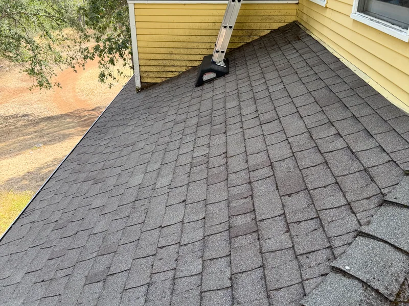 The same roof section cleared of pine needle debris with the ladder still set after a Peak roof cleaning in Southern Oregon