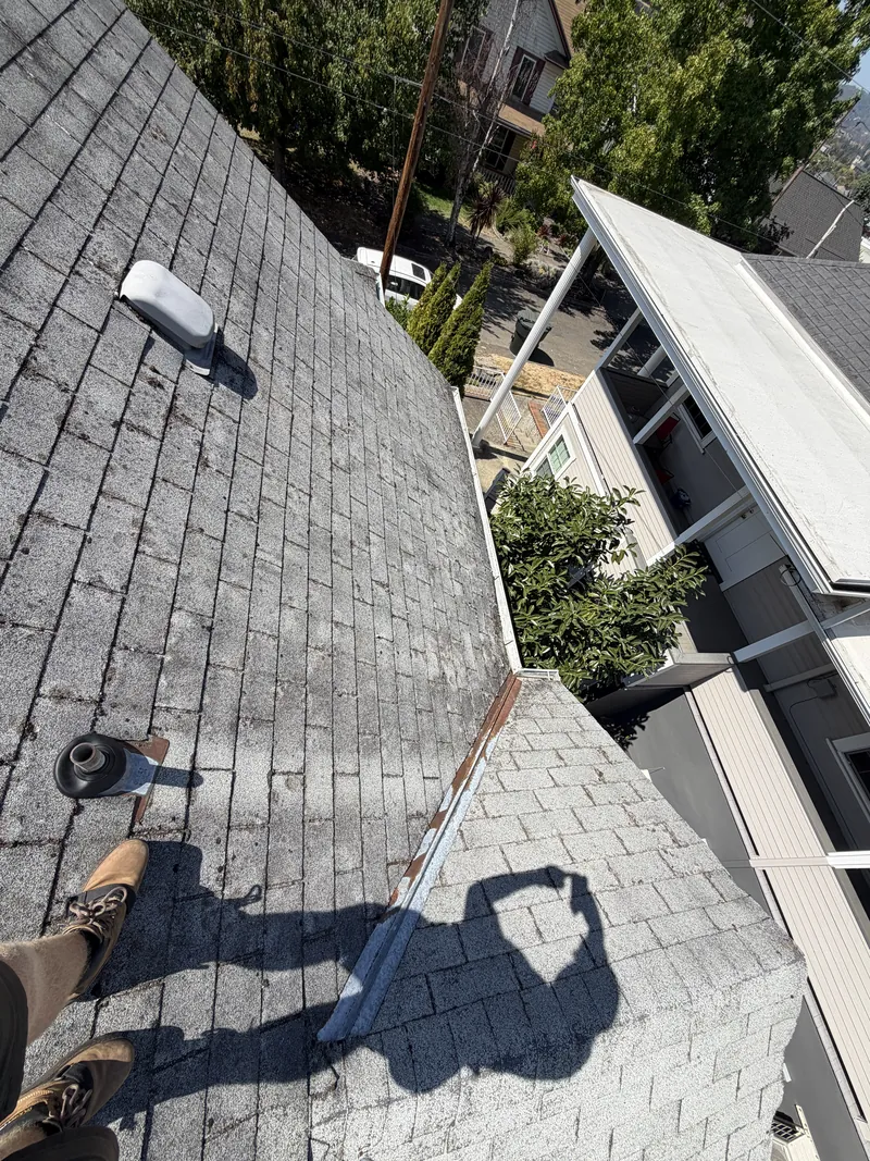 The same roof plane stripped clean of moss and lichen after a Peak Landscaping roof cleaning in Southern Oregon